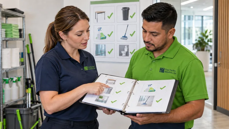Branded TFS supervisor and technician reviewing a property task binder