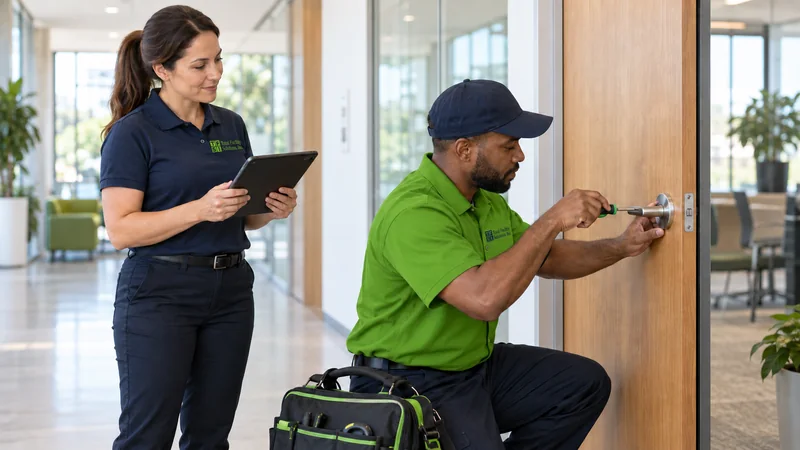 TFS technician repairing a door handle while a supervisor documents the work