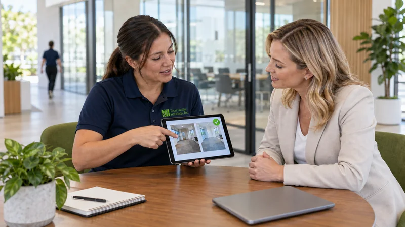 TFS representative reviewing a completed facility report with a client