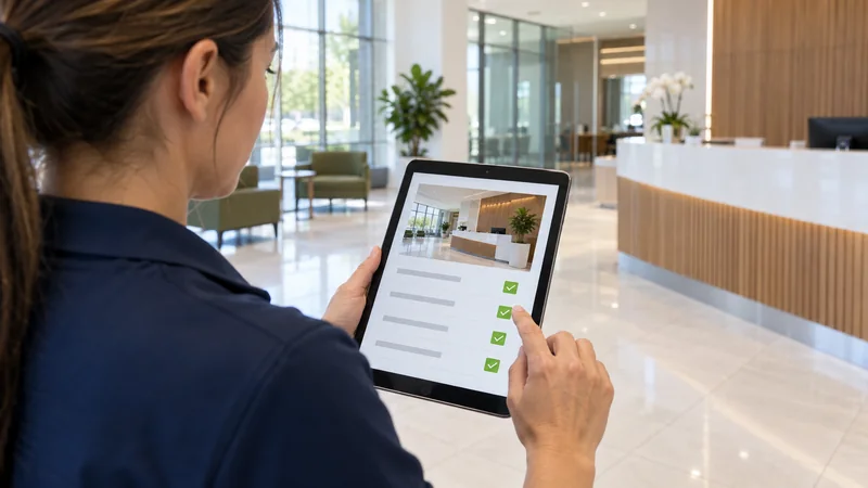 TFS supervisor completing a digital inspection on a tablet in a commercial lobby